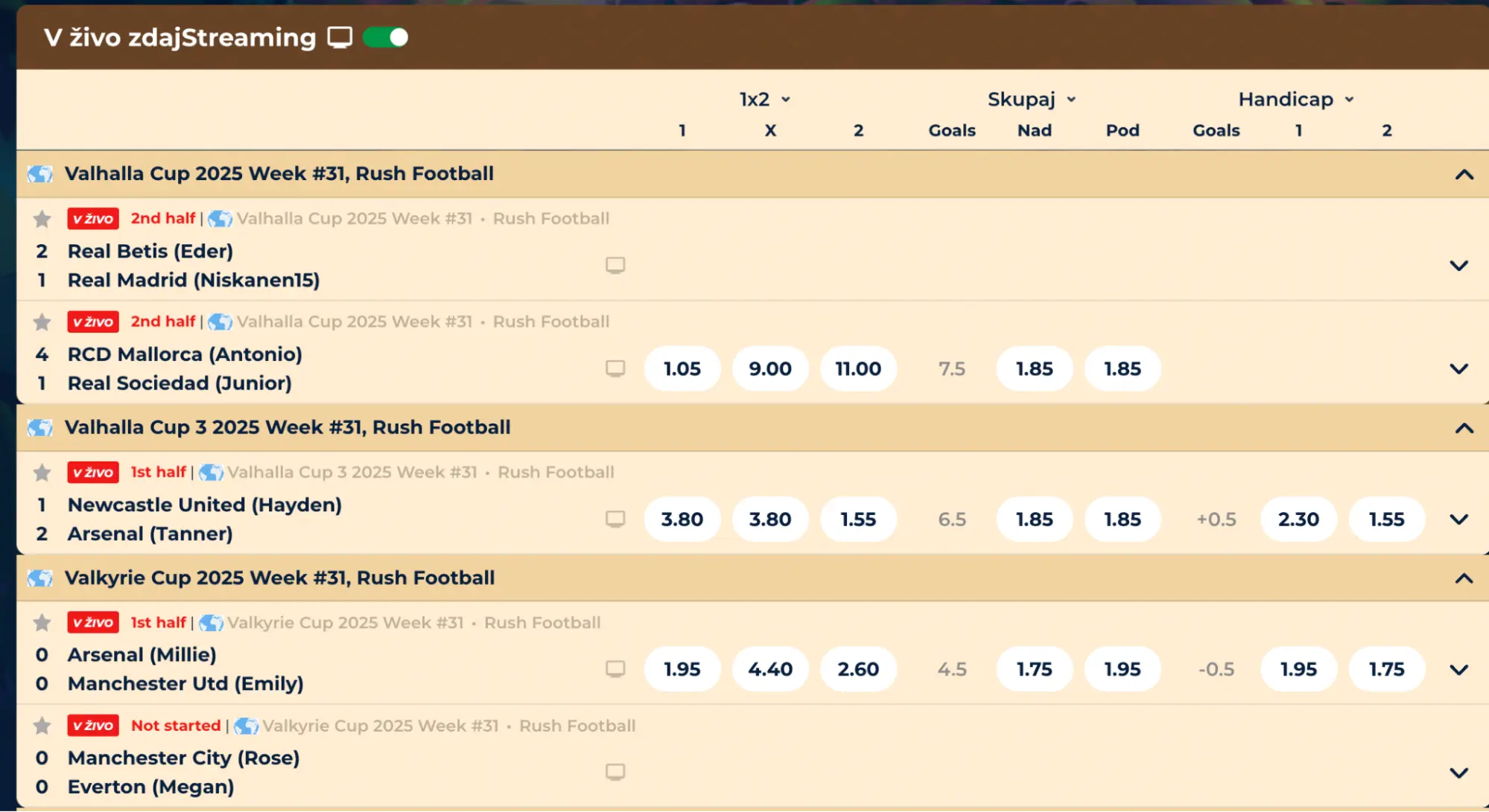 V živo Rush Football – spremljajte virtualne tekme in stavite na favorite Virtualne nogometne stave v teku – Valhalla in Valkyrie Cup v igri na Wazamba